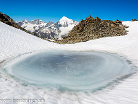 Auch wir ziehen vom Balfrin weiter nach Norden, passieren nach P. 3783 eine steile Firnflanke und gelangen zu einem kleinen Gletscherseeli. : Balfrin, Bordierhütte SAC