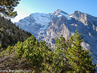 Wieder einmal zieht es mich zusammen mit Urs in die Berge. Seit über 20 Jahren studiere ich schon am Balmhorn rum, und jetzt wird der Traum wahr: Wir nehmen uns die Route über den Gitzigrat vor (ZS+, 4er Kletterei). Links im Bild das Balmhorn (3698 m), in der Bildmitte der Altels (3629 m). Der von links hochziehende Grat ist der Wildelsigegrat, der Gitzigrat ist von hier aus nicht zu sehen. : Balmhorn Gitzigrat