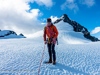 Zuerst geht es in einem weiten Bogen die Flanke hoch bis zu einer fast horizontalen Stelle im Grat, dann alles dem Grat entlang auf den Flachen Firnsattel kurz vor dem Gipfel (Bild). : Blüemlisalphorn, Fründenhorn, Oeschinenhorn