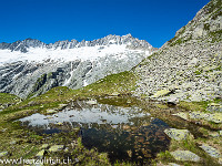 Im kleinen Seelein spiegelt sich der Dammastock, der höchste Urner (3630 m, zweiter Gipfel von rechts). : Dammahütte, Göscheneralp, Göscheneralpsee