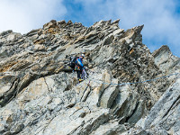 Die Rippe selber bietet schöne, steile Kletterei im 3. Grad. Die Stände sind mit Bohrhaken (zum Abseilen) eingerichtet, Zwischensicherungen müssen aber selber gelegt werden; ein paar Friends und Schlingen tun  gute Dienste. : Dammastock