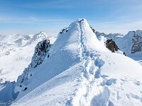 Kurzer Gipfelgrat zum Piz Grialetsch (3131 m). Ein einsamer Stecken markiert den höchsten Punkt. : Schneeschuhtour Grialetsch