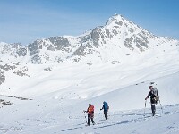 Im Hintergrund der Piz Sarsura Pitschen, 3133 m, unser morgiges Ziel. : Schneeschuhtour Grialetsch